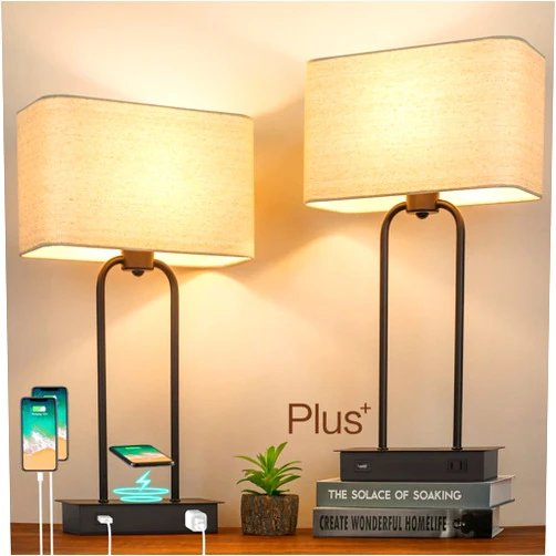 BrightHome Set of 2 Wireless Charging Touch Control 3-Way Dimmable Table Lamps, Beside Nightstand Lamps for Bedroom with USB Port & AC Outlet, Living Room Office End Table Modern Black Lamps, LED Bulbs Included