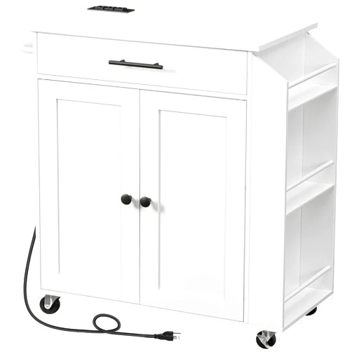 HOOBRO Kitchen Island with Power Outlet, Kitchen Storage Island with Spice Rack and Drawer, Rolling Kitchen Cart on Wheels, for Home, Kitchen and Dining Room, White WT82UZD01G1