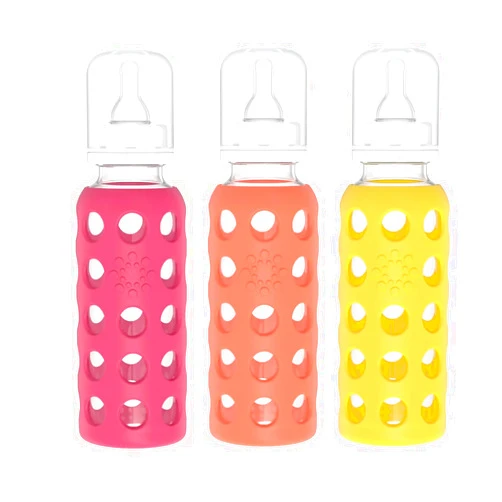 Lifefactory Glass Baby Bottles with Silicone Protection - 3-Pack, 9 oz Bottles, (1- Raspberry, 1- Papaya & 1- Mango)
