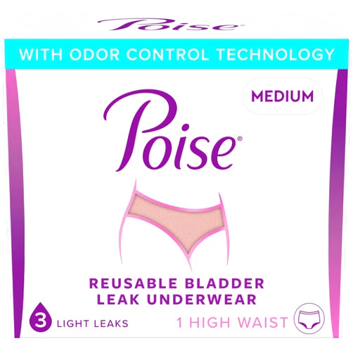 Poise Washable Adult Incontinence Underwear for Women, Reusable, Light Absorbency, Medium, High Waist, Pink, 1 Count