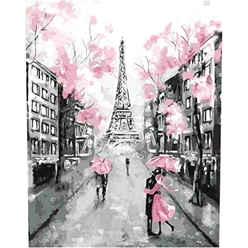 Cuorung DIY Paint by Numbers Kit for Adults - Pink Paris | Paint by Number Kit On Canvas for Beginners | Home Wall Decor | Pre-Printed Art-Quality Canvas 20” x 16”, 3 Brushes, 24 Acrylic Paints