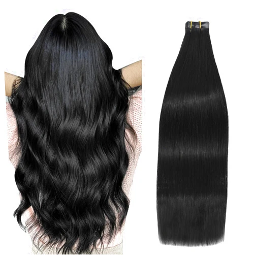 MosinnGy Tape in Solid Color 1B Natural Black Hair Extensions, 20pcs 50g 20 Inch Silky Hair Extensions, Tape in Hair Extensions Real Human Hair.