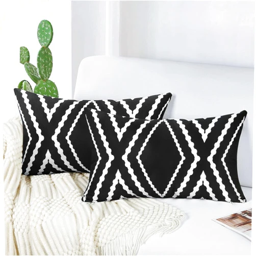Adabana Outdoor Lumbar Waterproof Pillow Covers Set of 2 Boho Geometric Throw Pillows Cover for Patio Garden 12 x 20 Inch Black and White