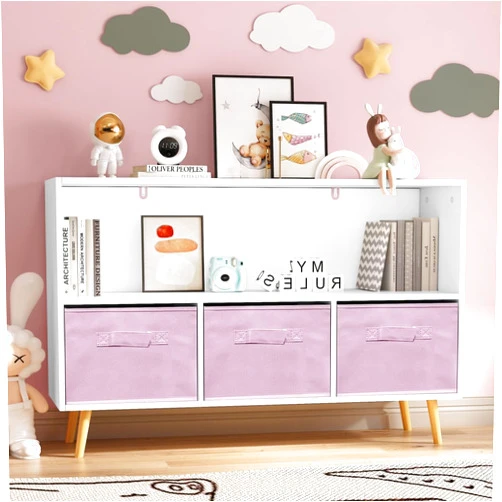 Voqoomkl Toy Storage Organizer with 3 Collapsible Fabric Drawers,Corner Bookcase with Open Shelf and Wide Top, Storage Cabinet Book Display with Wooden Legs for School Classroom,Playroom,Pink