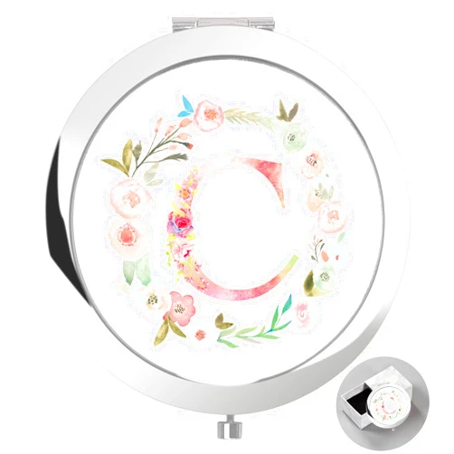 Boutikpro Personalized Gift Initial Compact Mirror w Box for Women Sister Daughter Mom Wife, Floral Monogram Alphabet Silver Small Mirror Ideal Gift on Birthday, Christmas, Graduation (C, Silver)
