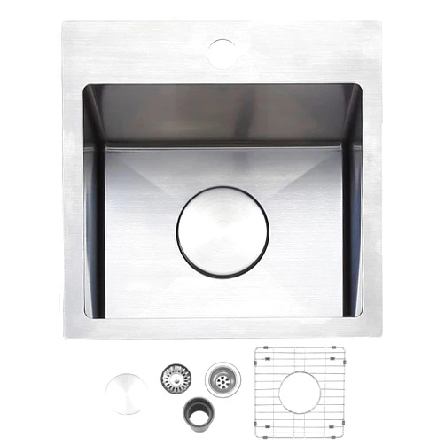 VAPSINT 15x15 inch 304 Stainless Steel Drop in Wet Bar Sink,Single Bowl Topmount Prep Rv Small Kitchen Sink with Grid and Drain