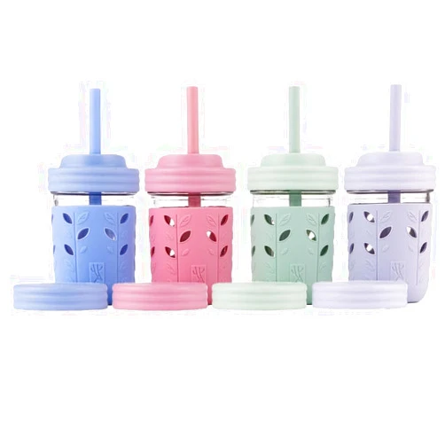 Elk and Friends Kids + Toddler Glass Cups | The Original 8oz Glass Mason Jar with Sleeves + Lids | Silicone Straws + Stopper | Smoothie Cup | Food Storage | Spill Resistant | Dishwasher Safe | 4 Pack