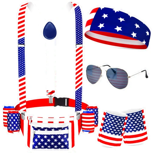Silkfly 9 Pcs Patriotic Fanny Pack Beverage Beer Belt Set USA Belt Bag Suspenders Drink Holder American Flag Headband Wristband (Stylish)