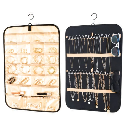 YXZcox Hanging Jewelry Organizer, Necklace Holder Anti-Tangle, Earrings Rings Holder Glasses Holder with 25 Jewelry Bags Travel Storage Roll with Pockets Hang on Door, Closet, Wall, Small, Black