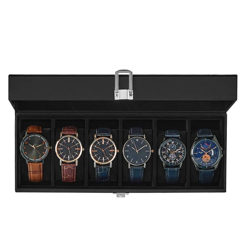 SONGMICS Watch Box, 6-Slot Watch Case with Large Glass Lid, Removable Watch Pillows, Watch Box Organizer, Gift for Loved Ones, Black Synthetic Leather, Black Lining UJWB06B01
