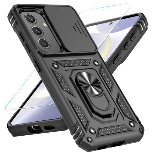 SunRemex for Samsung Galaxy S24 Plus Case with HD Screen Protector & Slide Camera Cover, for Galaxy S24 Plus Phone Case [2 in 1] Built in Rotatable Kickstand for Galaxy S24 Plus (Camera_Cover_Black)