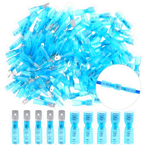 Hilitchi 100Pcs Nylon Heat Shrink Fully Insulated Female Male Spade Wire Electrical Crimp Terminal Quick Wiring Connector (50 Male 50 Female Connectors Blue / 16-14AWG)