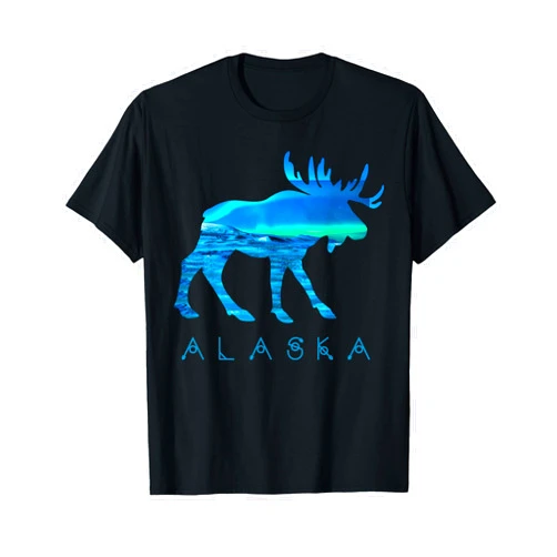 Alaska Day Moose Snowy Mountain Shirts Alaskan Moose with Aurora Borealis Snow Scene T Shirt T-Shirt