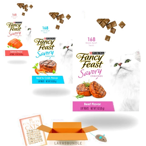 LarasBundle Fancy Feast Savory Cravings Cat Treats | Fancy Feast Appetizers for Cats - Fancy Feast Cat Treats 168 of Each Flavor Beef, Salmon, and Beef and Crab Fun Facts Booklet and Catnip Toy