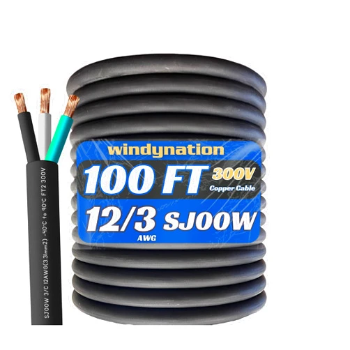 WindyNation 100 Feet 12/3 SJOOW Cable Cord 12 AWG 3 Conductor SO Wire - 12 Gauge 3 Conductor (12/3 Wire) 300V Portable Power Extension Cable for Motor Leads, Portable Lights, Battery Chargers