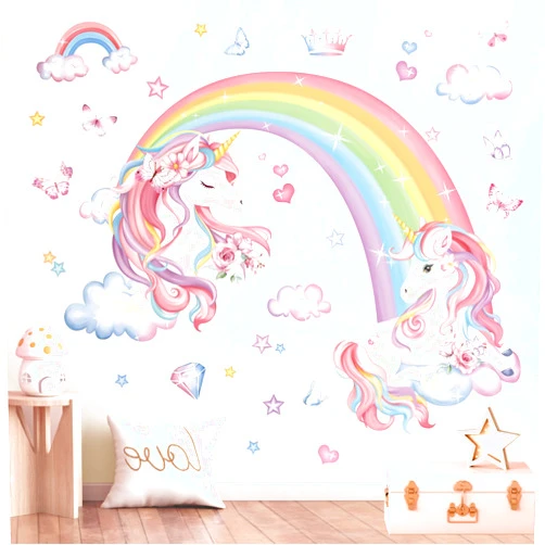 decalmile Rainbow Unicorn Wall Decals Rainbow Butterflies Clouds Unicorn Wall Stickers Baby Nursery Girls Bedroom Daycare Wall Decor