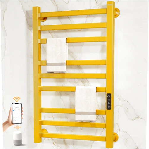 ENZE Smart Heated Towel Rack, 9-Bar Wall-Mounted Electric Towel Warmer 230W, Wi-Fi App Control & LED Touch Screen, Adjustable Temperature & 24H Timer, IPX5, Plug-in/Hardwired, Gold, Low Carbon Steel