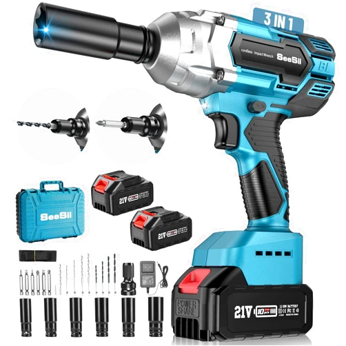 Seesii Cordless Impact Wrench, Brushless Impact Wrench 1/2 inch Max Torque 479 Ft-lbs(650Nm), 3300RPM w/ 2x 4.0 Battery, 6 Sockets,9 Drill,6 Screws, High Torque Power Impact Wrench for Car Home, WH700