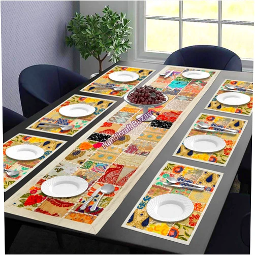 Handicraft Bazarr Khambadiya Patchwork Cotton Table Runner Set Cotton Handmade Embroidery 16x48 inch Runner & 12x18 inch Place Mat Set for Home Decor (White)