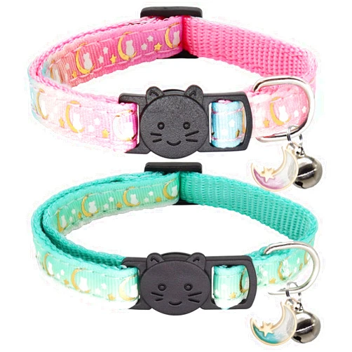 Giecooh 2 Pack Breakaway Cat Collar with Bells,Adjustable Moon and Star Kitten Safety Collars for Boys & Girls,Pink+Teal