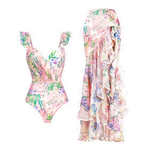 IBTOM CASTLE Women's One Piece Swimsuit with Cover up Wrap Skirt Floral Sarong Tummy Control Beach Bikini Set Bathing Suit