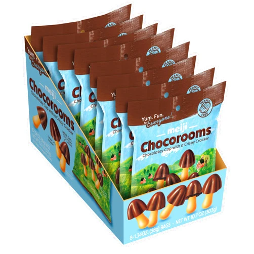 Meiji Chocorooms Crispy Crackers, Milk and Dark Chocolate Combination - 1.34 oz, Pack of 8 - Bite Sized Crackers in Fun Mushroom Shapes
