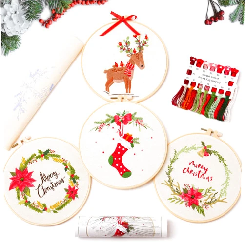 REEWISLY Embroidery Kits Christmas 4set with Patterns and Instructions, DIY Adult Christmas Cross Stitch Kits, Including 4 Plastic Embroidery Rings, 1 Pair of Scissors, Colored Threads and Needles