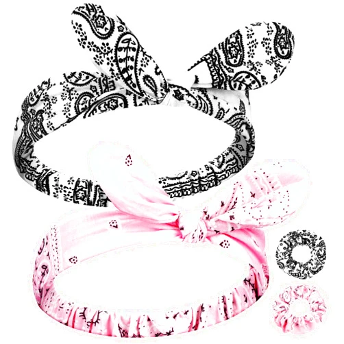 Hoteam 2 Set Bandana Headband and Bandana Scrunchies for Women and Girls, Elastic Paisley Headbands Paisley Bandana Hair Tie Knot Retro Headbands Adjustable Headwrap (White,Pink)
