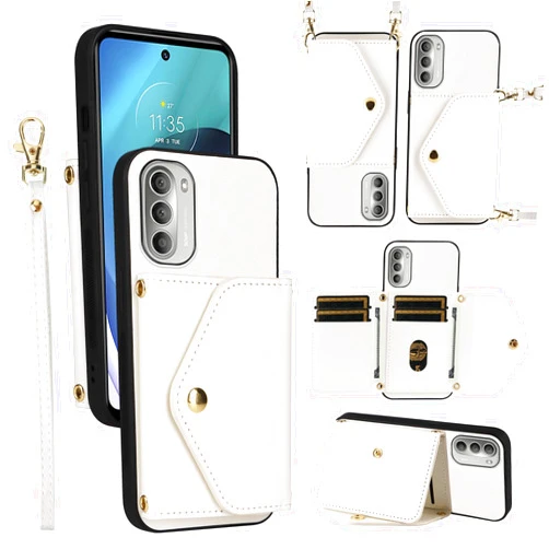 Dswteny Wallet Case for Motorola Moto G51 5G with Wrist Lanyard Shoulder Strap Flip Purse, Luxury PU Leather Credit Card Holder Stand Accessories Cell Phone Cover for MotoG51 5G G 51 Women Men White