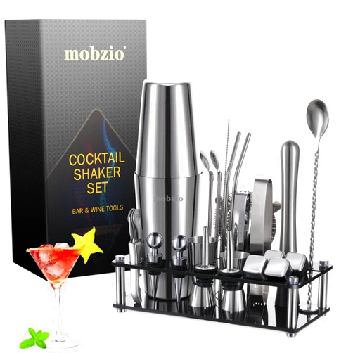 Mobzio Cocktail Shaker Set Bartender Kit, 23 PCS Boston Shaker Tool Set with Stand, Drink Mixer Martini Shaker Bartending Kit, Bar Tools Bartender Tool Kit, mobzio Bar Accessories for The Home Bar Set