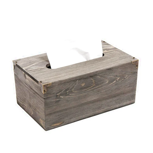 MOSKILA Liry Products Rustic Gray Distressed Wood Facial Tissue Paper Box Metal Corner Brackets Hinge Lid Top Cover Torched Wooden Holder Standard Size Rectangular Napkin Dispenser Bathroom Kitchen Bedroom