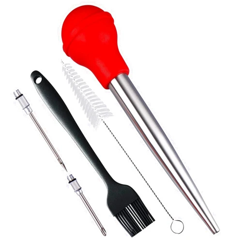 Smithcraft Turkey Baster, 18/8 Stainless Steel Baster Syringe Meat Injector Baster Set with 2 Needles&2 Cleaning Basting Brush, Turkey Baster for Flavor Meat Poultry, Beef & Chicken Cooking Red