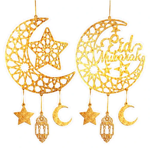 Hinsly 2 Pieces Eid Mubarak Door Sign Wooden Hanging Signs, Ramadan Kareem Hollow Ornament Decorations Moon and Stars, Moon Shape Ramadan Mubarak Party Wood Wall Hanger for Islamic Muslim Home Decor