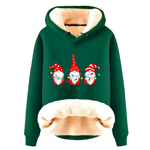 Generic Christmas Hooded Pullover for Women Cute Christmas Tree Graphic Printed Velvet Sweatshirt Loose Long Sleeve Pullover