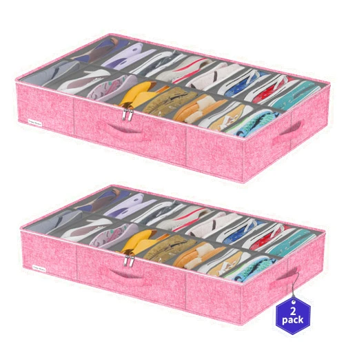 Friday Monkey Large Sturdy Shoe Storage Box, Clear Closet Underbed Shoe Organizer, Folding Shoe Rack Bin Holder Container Display Case, 16x2 Pairs, Cotton-like Pink, ZMXPUBS16P2