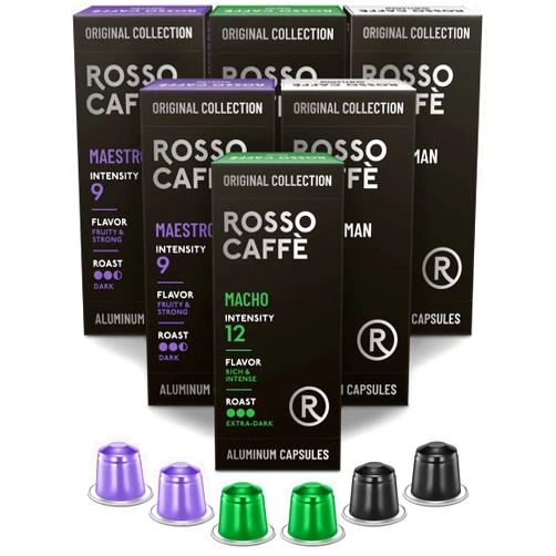 ROSSO CAFFÈ ROSSO CAFFE Espresso Capsules for Nespresso Original Line Machines - 60 Coffee Pods Intense Pack - Gourmet Aluminium Capsules - Strong and Bold Dark Roast