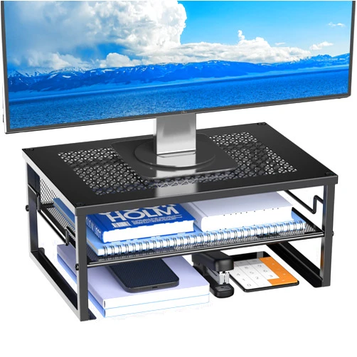 Delifox 2 Tier Metal Computer Stand Monitor Riser and Computer Desk Organizer, Desktop Organizer for Office Supplies (Black)