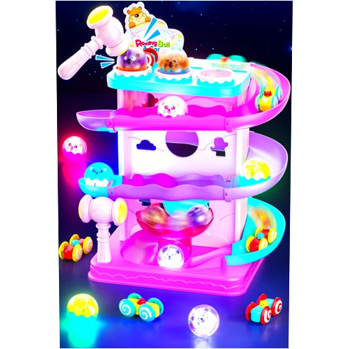 Funwee 2-in-1 Rolling Ball & Racing Car Ramp Toy for Toddlers, Race Track Hammer Lights Ball Drop, Interactive Montessori Learning Game Birthday Gift Idea for Kids 2 3 4 5+Year Old Girl Boy(Pink)
