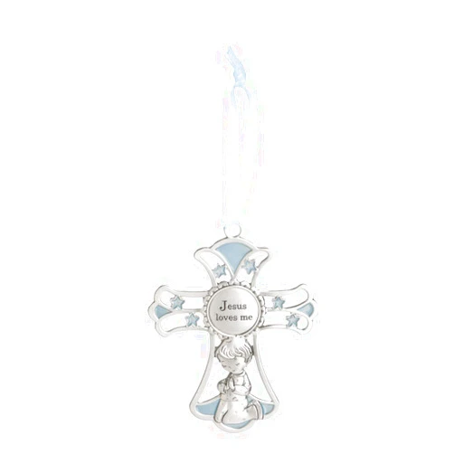 Ganz 4'' Ornate Baby Crib Cross Decor with Ribbon for Hanging (Jesus Loves Me - Blue)