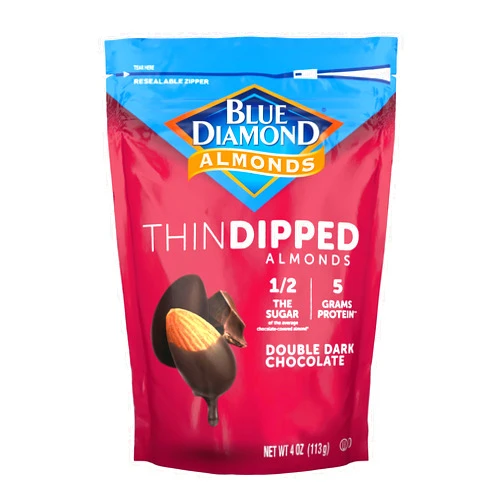 Blue Diamond Almonds, Dark Chocolate Covered Thin Dipped Snack Nuts for Guilt-Free Snacking with Half the Sugar, Perfect for Gathering, Holidays, or Craving a Sweet Treat, 4oz. Resealable Bag