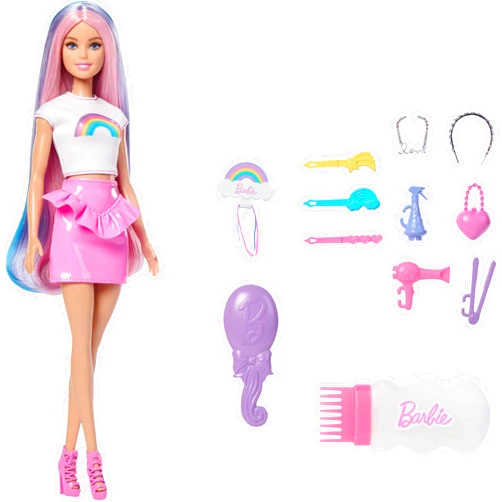 Barbie Rainbow Sparkle Hair Doll, Extra-Long and Colorful Hair with 12 Styling Accessories Like Glitter Tube, Brush, Clips, Dryer and More