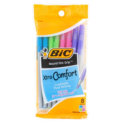 BIC Round Stic Grip Xtra Comfort Fashion Ballpoint Pens, Assorted Fashion Colors, Pack of 8