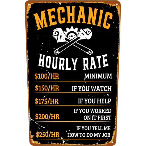 YOHIYE Garage Signs Mechanic Gifts for Men Man Cave Decor Work Shop Accessories Mechanic Hourly Rate Metal Tin Sign Vintage Garage Poster Car Wall Art Funny Mechanics Gifts 8x12 Inch