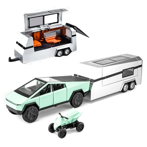 EROCK 1/32 Pickup Truck and Trailer Toys with Light and Pull Back, Alloy Diecast Pickup Trailer RV Model Kit, Diecast Model Car Toy Truck and Trailer for Boys Adults as Birthday Gifts (Green)