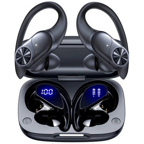 PocBuds Bluetooth Headphones Wireless Earbuds 80hrs Playtime Wireless Charging Case Digital Display Sports Ear Buds with Earhook Deep Bass IPX7 Waterproof Over-Ear Earphones for TV Phone Laptop Black
