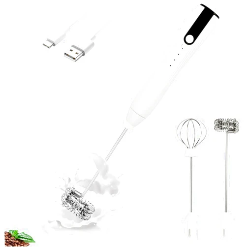 TonJin Double Whisk Milk Frother Handheld USB-C Rechargeable Electric Drink Mixer White,3 Speeds Adjustable Coffee Foamer Drink Whisk for Lattes, Matcha, Hot Chocolate, Egg, Matcha