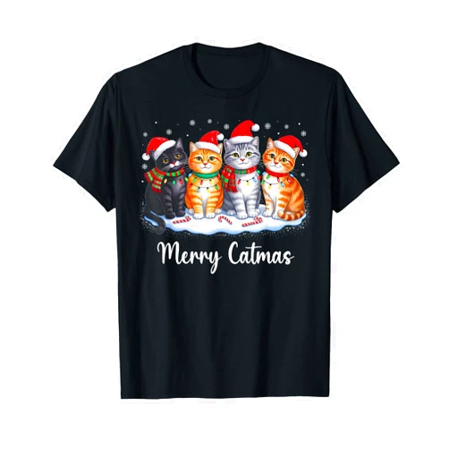 Funny Christmas Cat Matching Family Xmas Pajamas Merry Catmas Cat Christmas Lights Xmas Pajamas Cat Lover T-Shirt