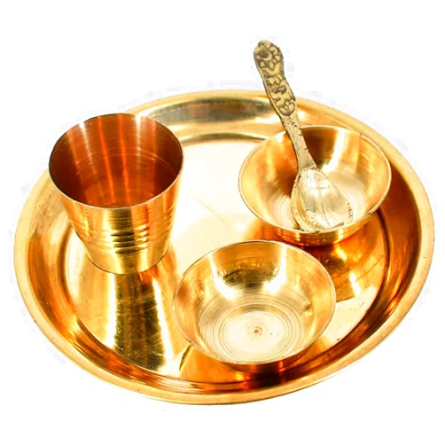 SAI MART Brass Bhog Thali 11cm Plate Laddu Gopal/Krishna Pooja Set with 1 Thali 2 Katori, 1 Glass, 1 Spoon for Temple Home Office Festival Diwali Gift Golden SM-001