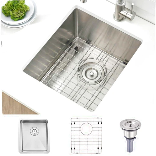 BoomHoze Stainless Steel Undermount Bar Sink, BoomHoze 15 x 17 Inches Small Wet Bar Sink Undermount 16 Gauge SUS304 Brushed Nickel Single Bowl Outdoor Bar Sink