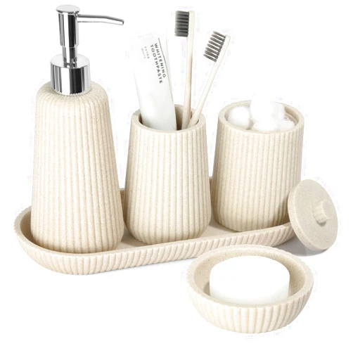 Kasunting Beige Bathroom Accessories Set 5 Pcs, Resin Bathroom Accessory Set, Soap Dispenser, Toothbrush Holder, Qtip Holder, Soap Dish, Vanity Tray, Bathroom Sets Complete for Modern Boho Bathroom Decor